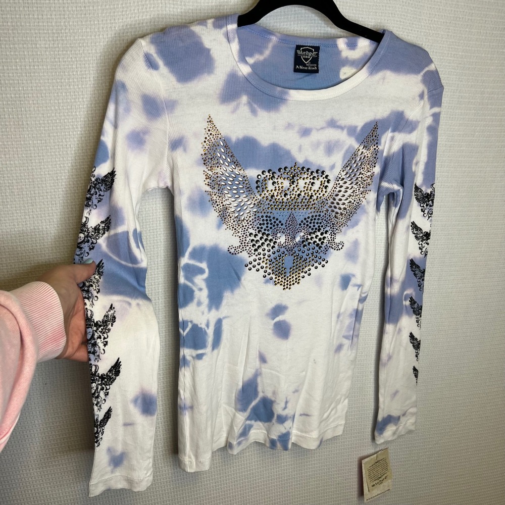Sledge USA Womens Tie Dye Rhinestone Winged Crown Long Sleeve Top Blue M 201QRM